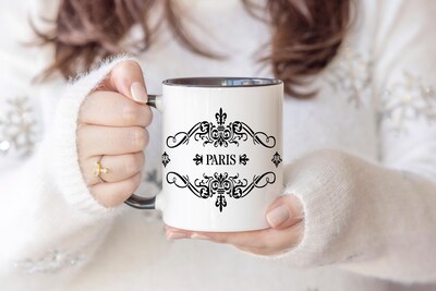 Paris Coffee Cup, French Mug, Fleur de Lys, Ceramic, Black, Classic, Vintage, Romantic, Parisienne, Travel Souvenir, Gift, 11oz, 15 oz - image2